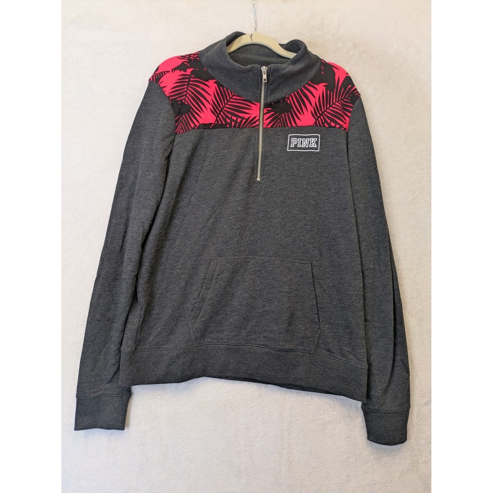 PINK Victoria's Secret Quarter Zip Sweatshirt Gray Palm Print Women's Size L‎